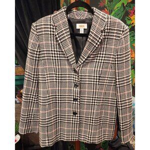 VINTAGE Talbots Petite Houndstooth Preppy Wool Blazer 14 Black White Red Plaid